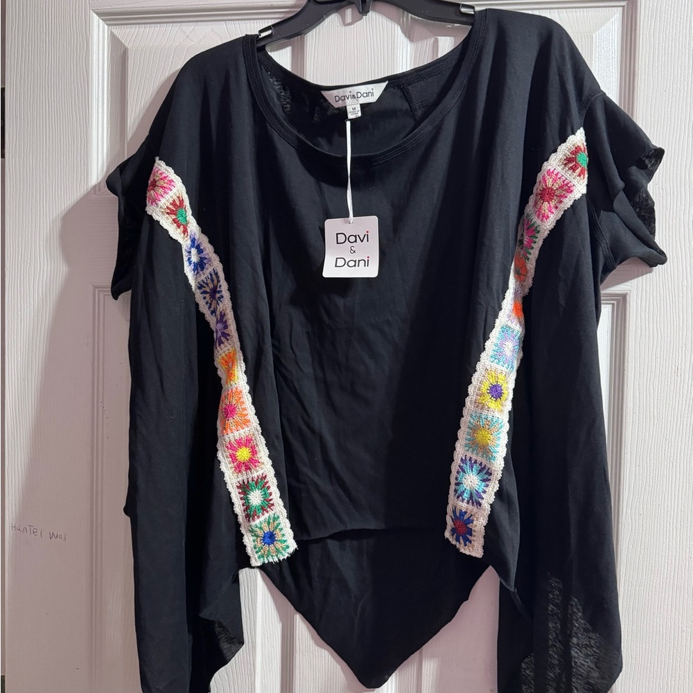 Davi & Dani Black Tee with Multicolor Floral Stripes